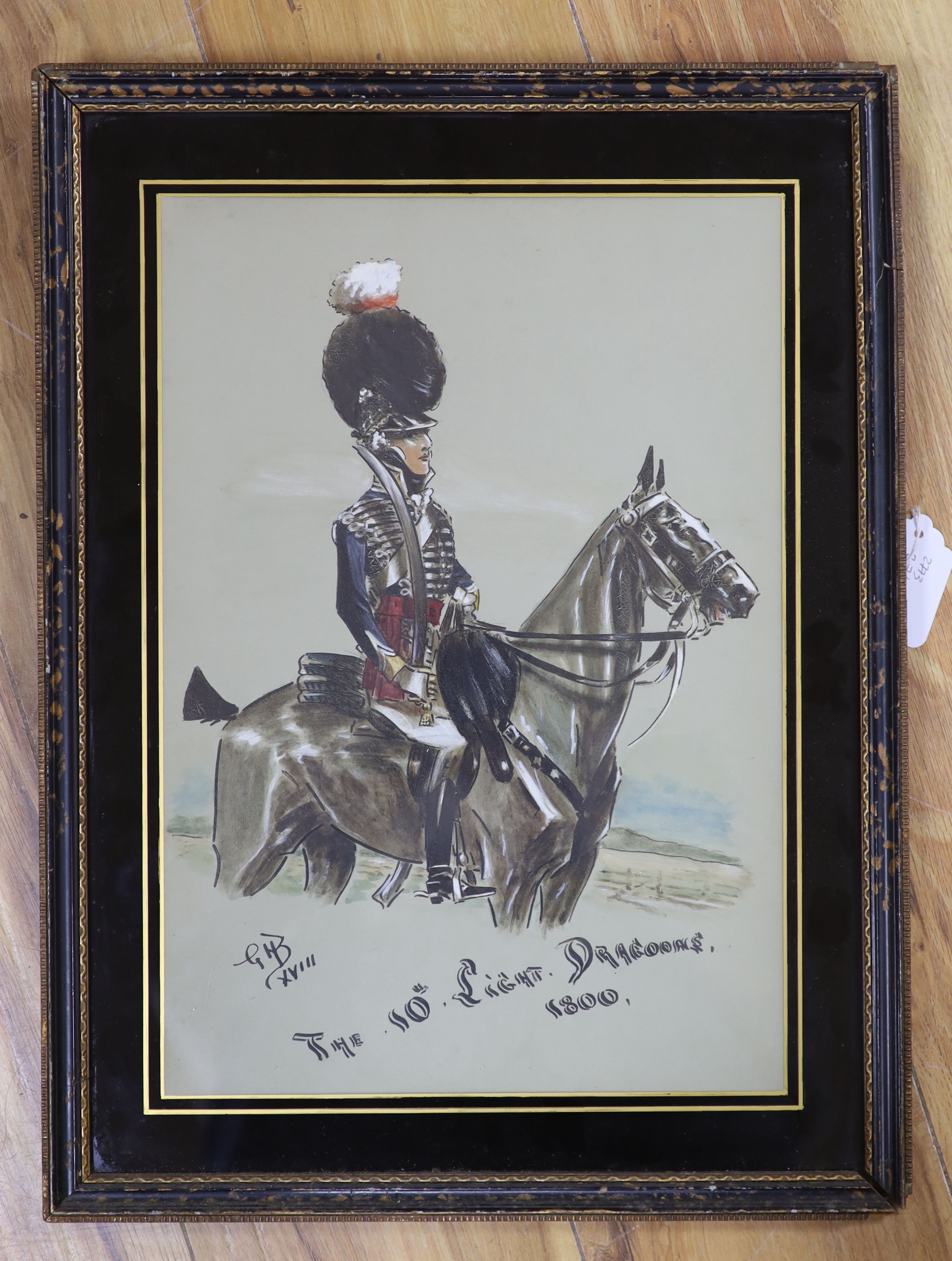 G.H.B., mixed media, The 10th Light Dragoons 1800, initialled and dated XVIII, 38 x 26cm